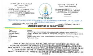 Le Projet VIVA-BÉNOUÉ lance un appel à candidature pour former 125 jeunes aux aménagements hydroagricoles, aux productions irriguées et à la pisciculture à Garoua. Dépôt des dossiers avant le 15 octobre 2026 à 12 h.