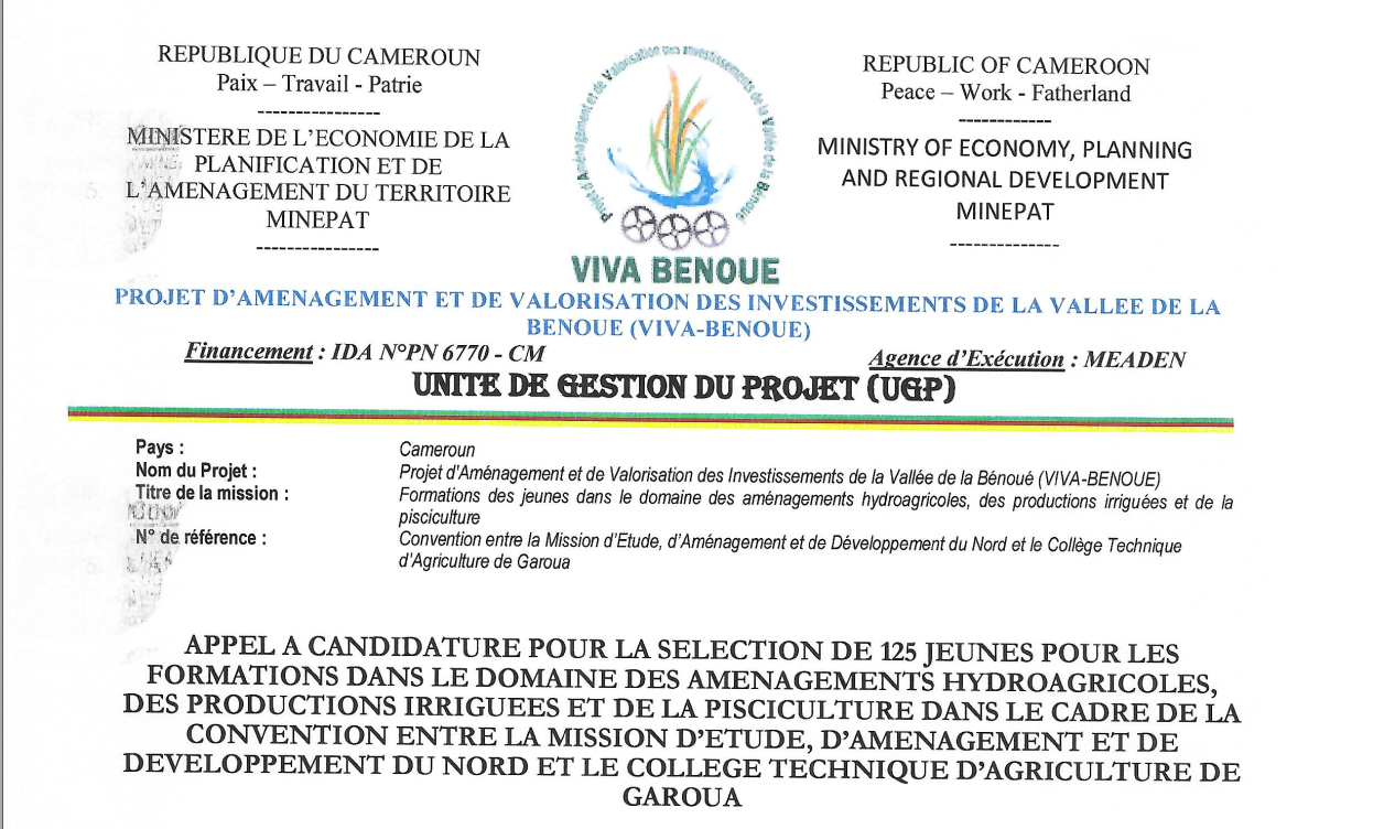 Le Projet VIVA-BÉNOUÉ lance un appel à candidature pour former 125 jeunes aux aménagements hydroagricoles, aux productions irriguées et à la pisciculture à Garoua. Dépôt des dossiers avant le 15 octobre 2026 à 12 h.